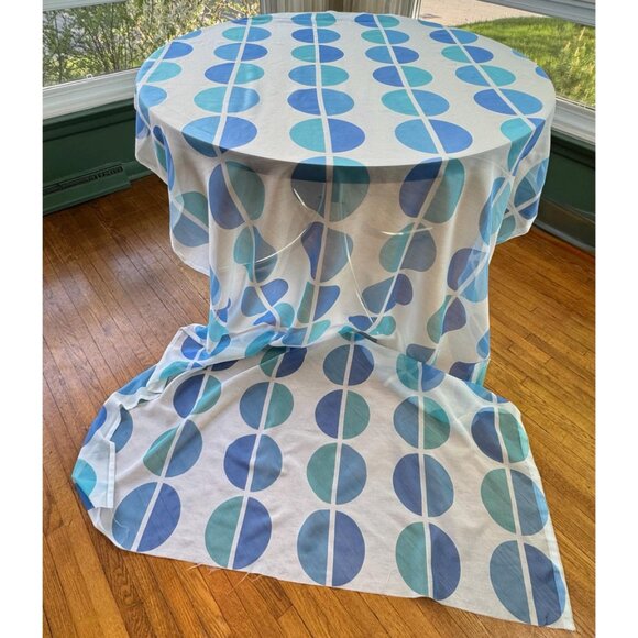 Vintage 70s curtain, blue oval geometric print, sheer, not hemmed, per panel - Picture 5 of 10